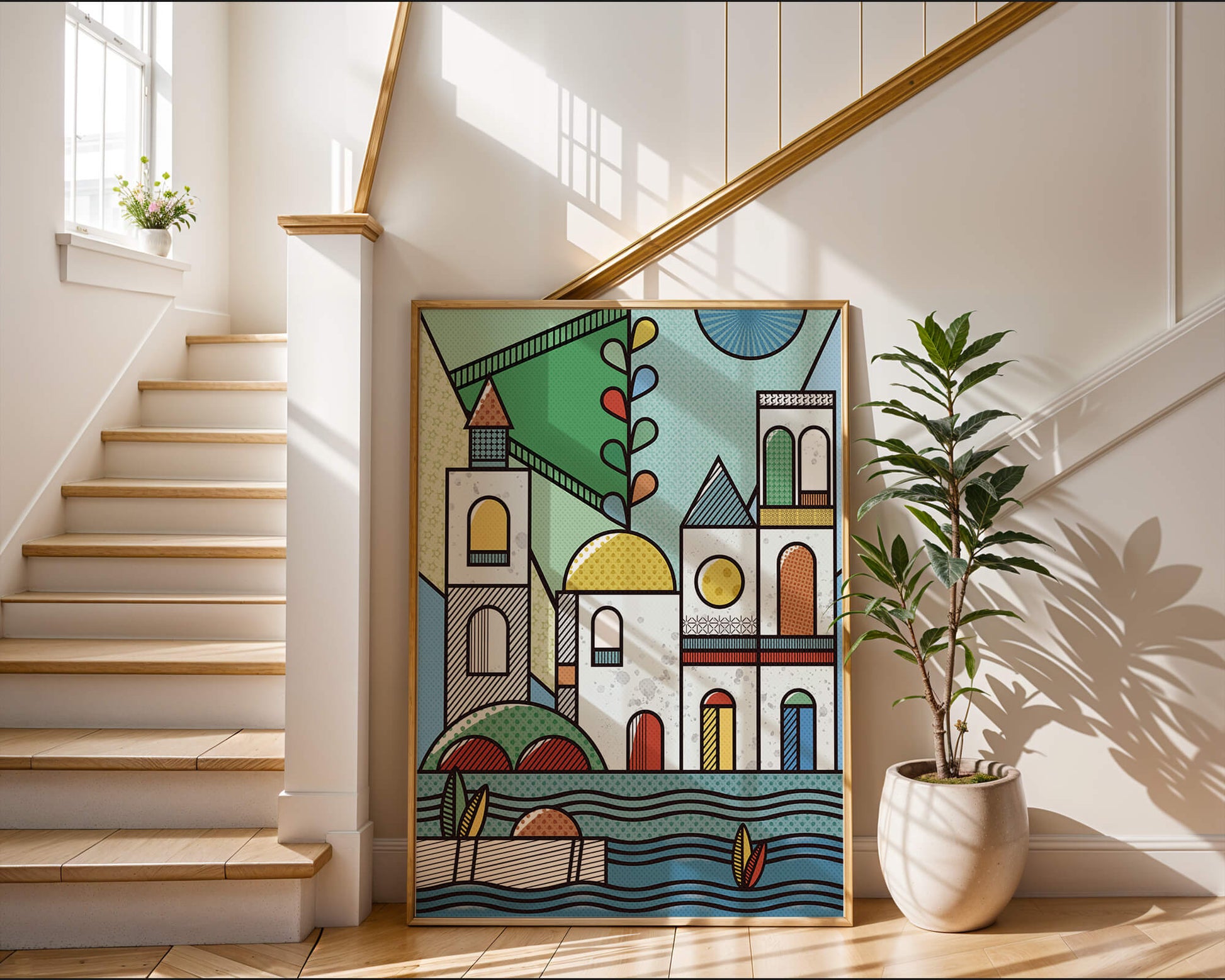 Paysage urbain géométrique coloré avec des éléments architecturaux modernes