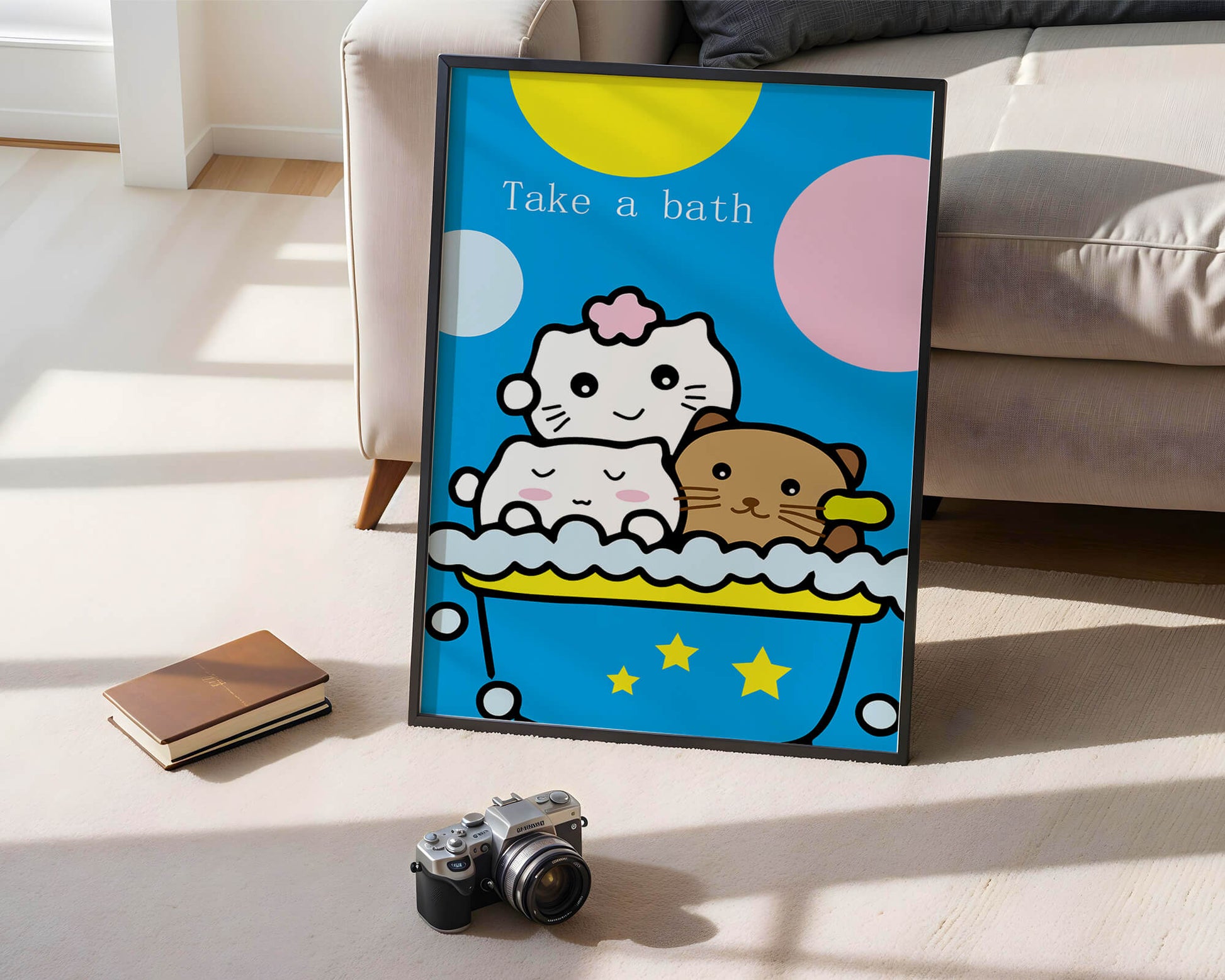 Adorable cartoon characters in a bubble bath with vibrant background
