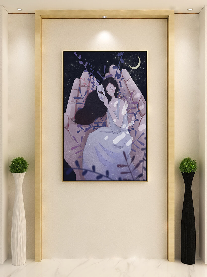 Un momento tierno bajo la luz de la luna con máscara y atmósfera onírica