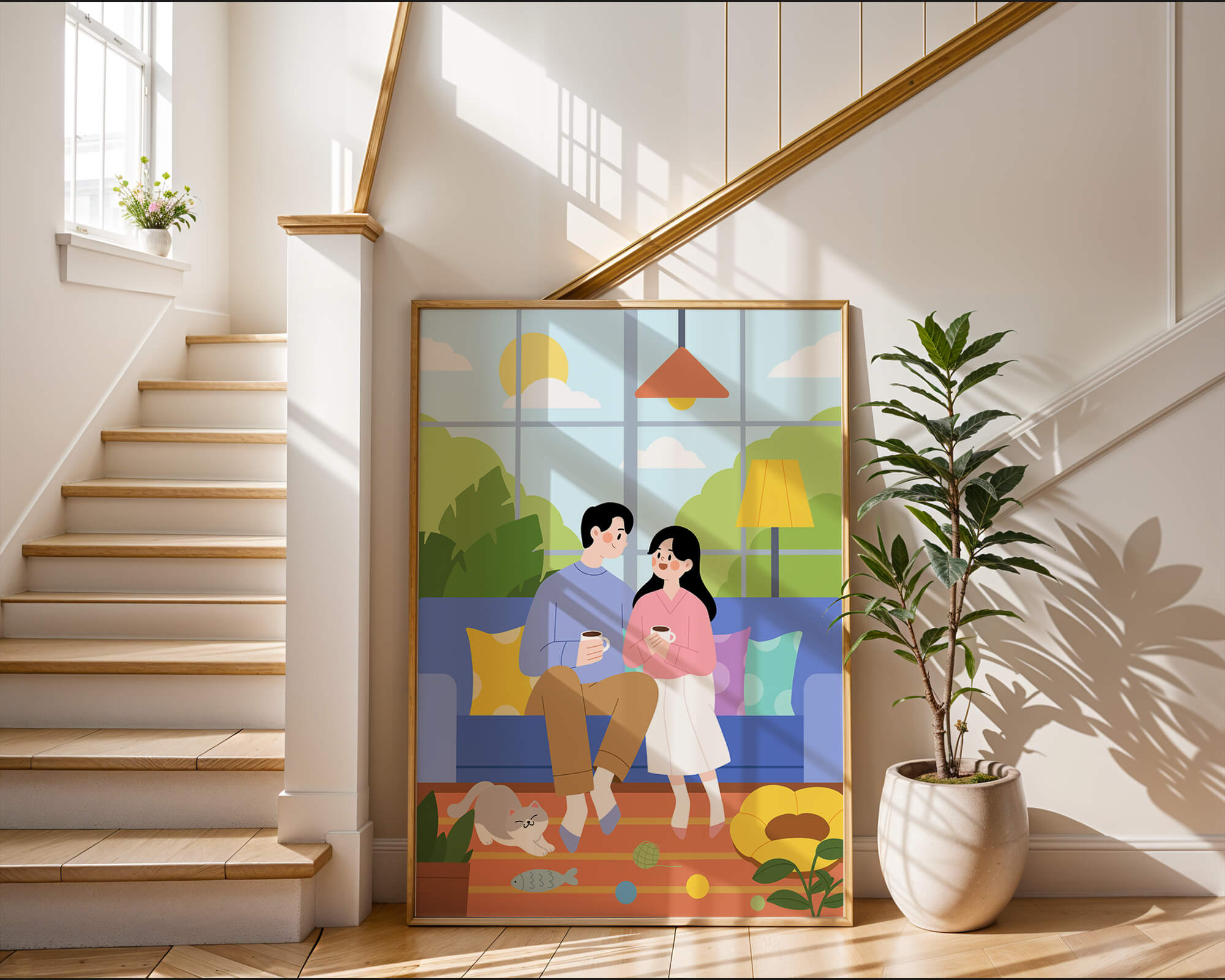 Cozy living room scene with couple and playful cat
