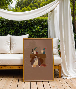 Escena acogedora con mujer junto a la chimenea y elementos decorativos