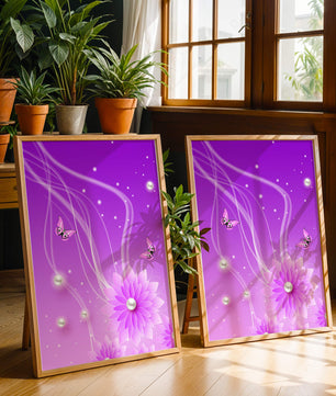Design floral violet rêveur avec des papillons et des perles