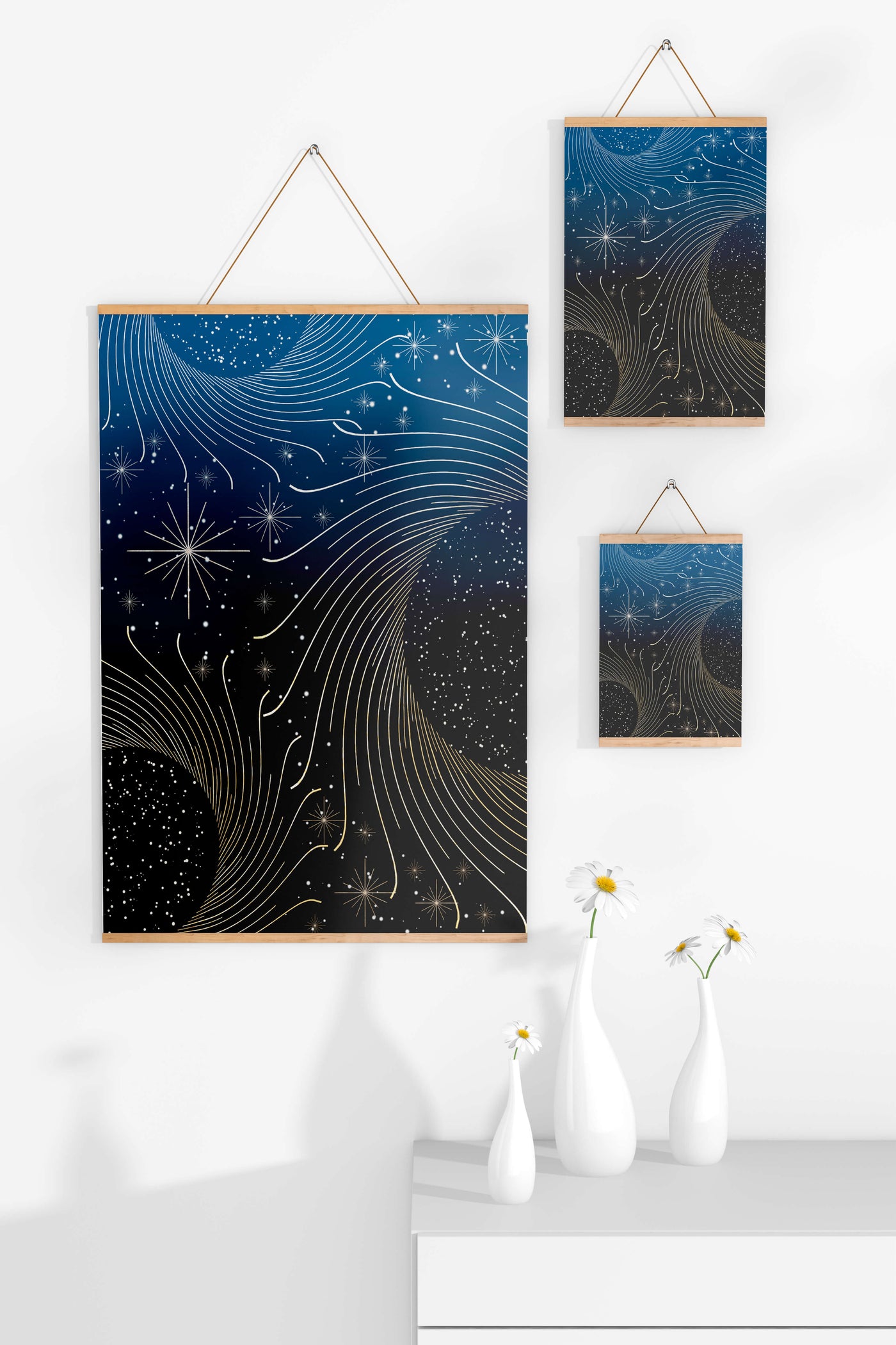Elegant starry night with golden cosmic swirls