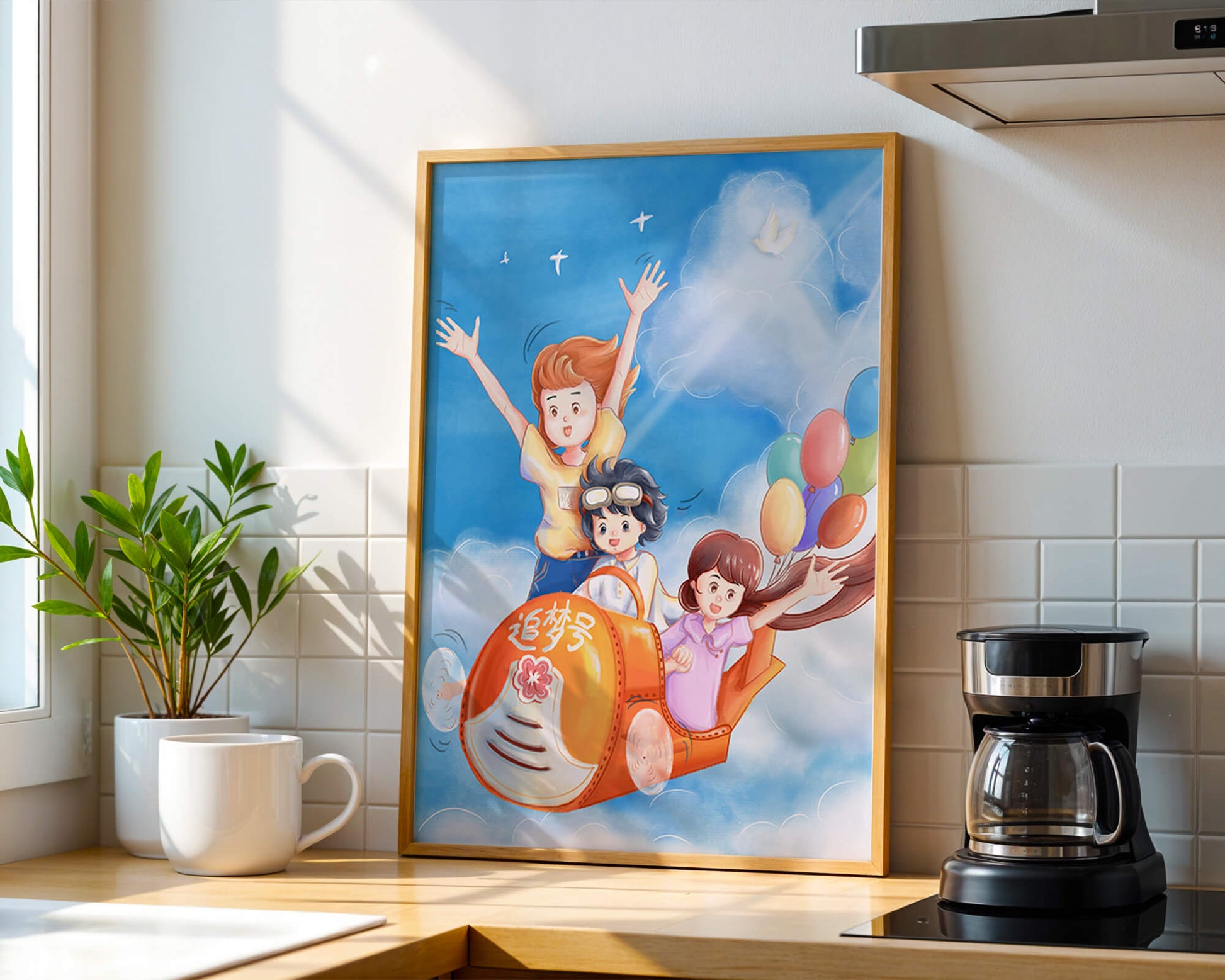 Children's adventure in sky with balloons and playful aircraft