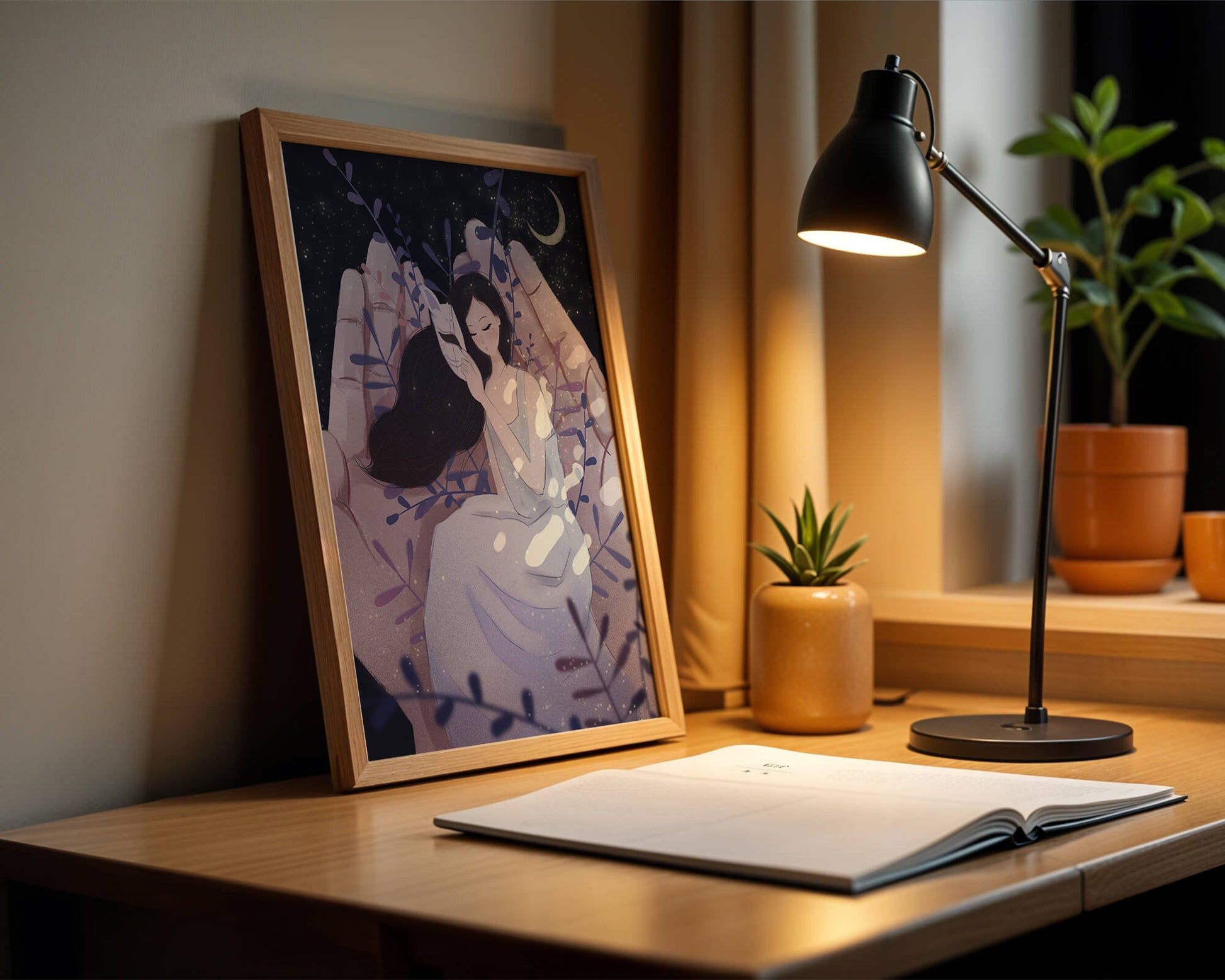 Un momento tierno bajo la luz de la luna con máscara y atmósfera onírica