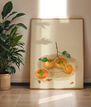 Still Life with Persimmons and Branch on a Neutral Background