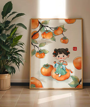 Illustration of a girl sitting on a persimmon surrounded by fruit and leaves