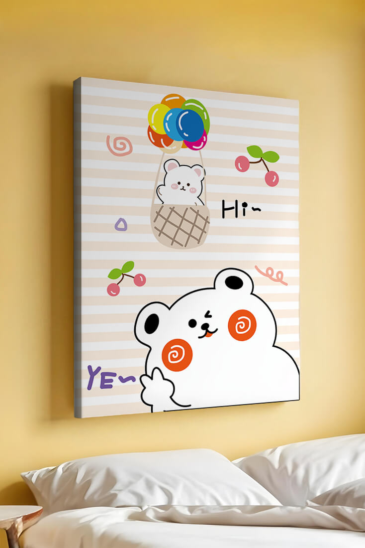 Adorable bears with colorful balloons and cherries on striped background