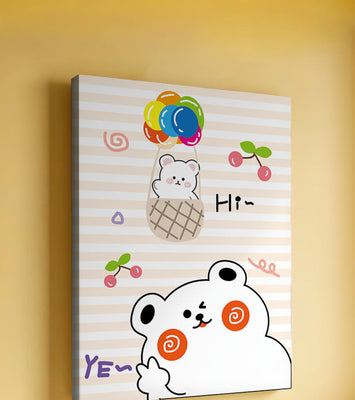 Adorable bears with colorful balloons and cherries on striped background