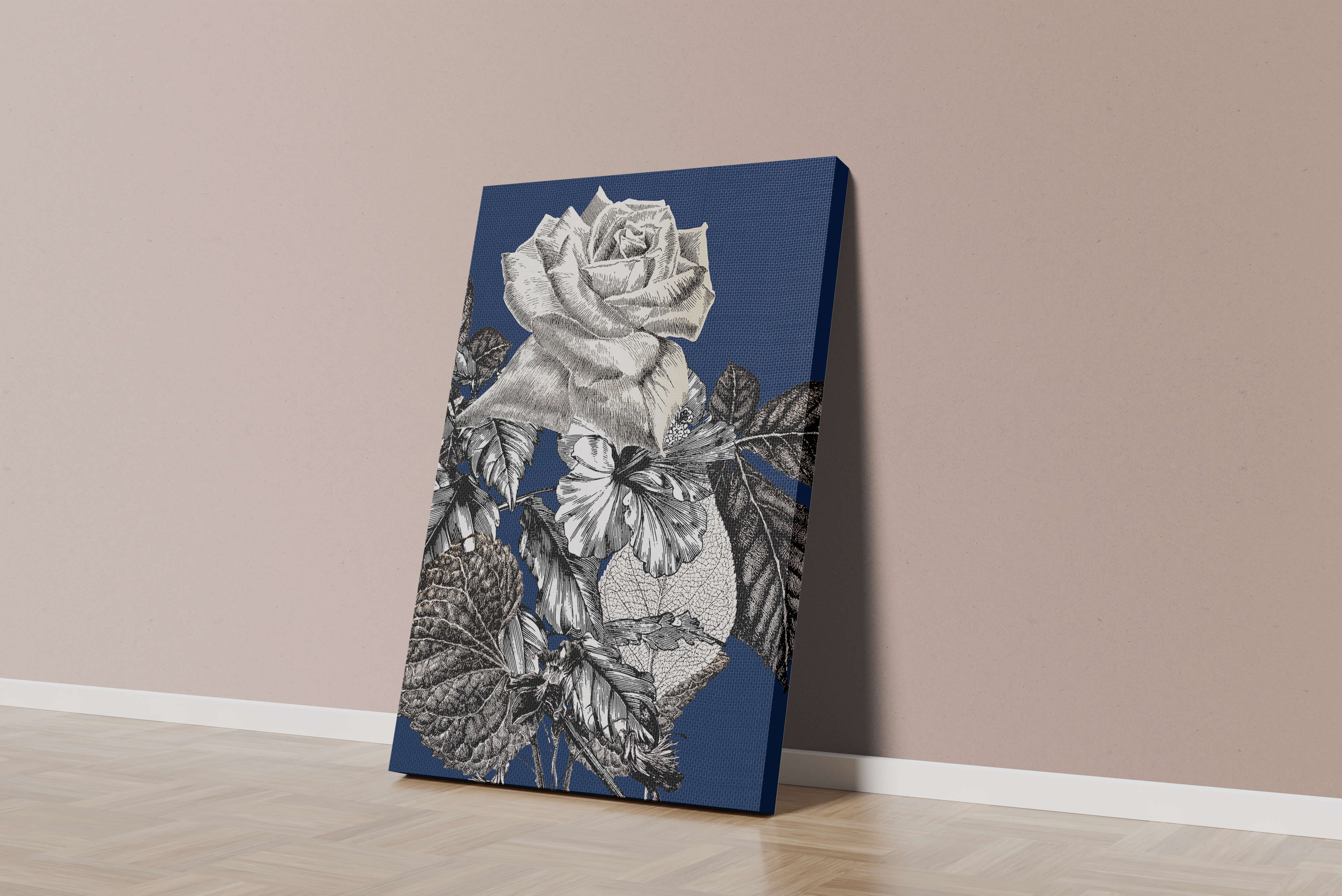 Intricate botanical illustration of roses and foliage on a deep blue background