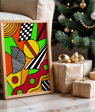 Vibrant geometric abstract artwork with bold colors and shapes
