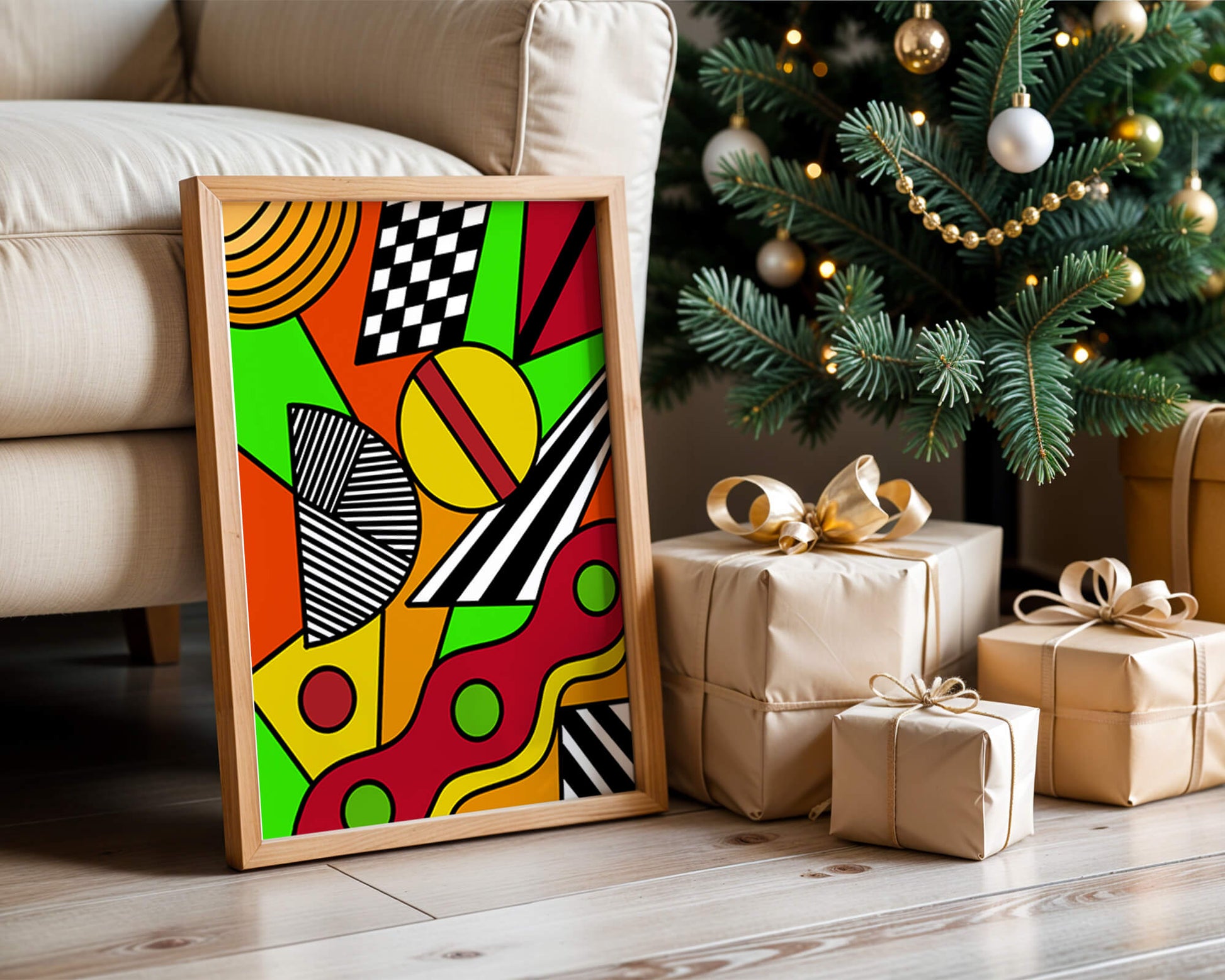 Vibrant geometric abstract artwork with bold colors and shapes