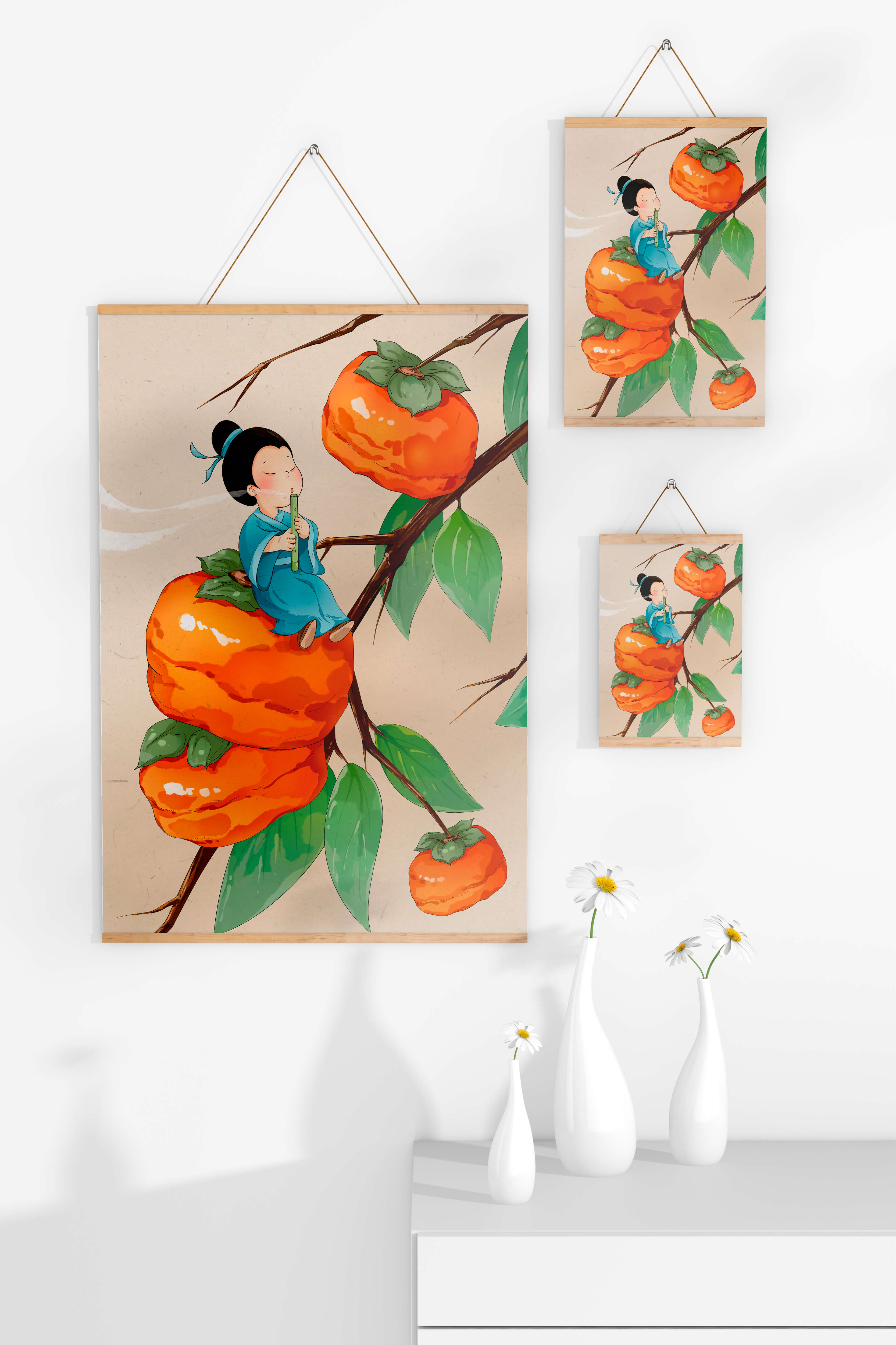 Child playing flute on persimmon-filled tree in whimsical illustration