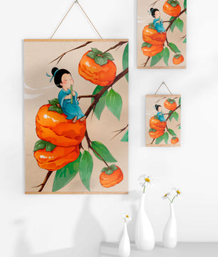 Child playing flute on persimmon-filled tree in whimsical illustration