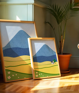 Serene Countryside Landscape with Mountain and Flowers