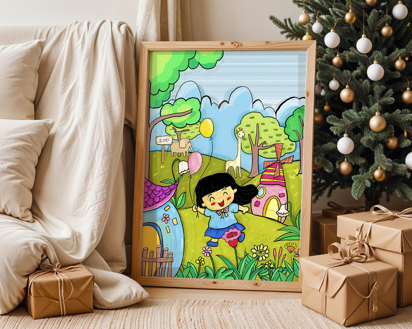Colorful children's illustration of a joyful zoo visit with animals