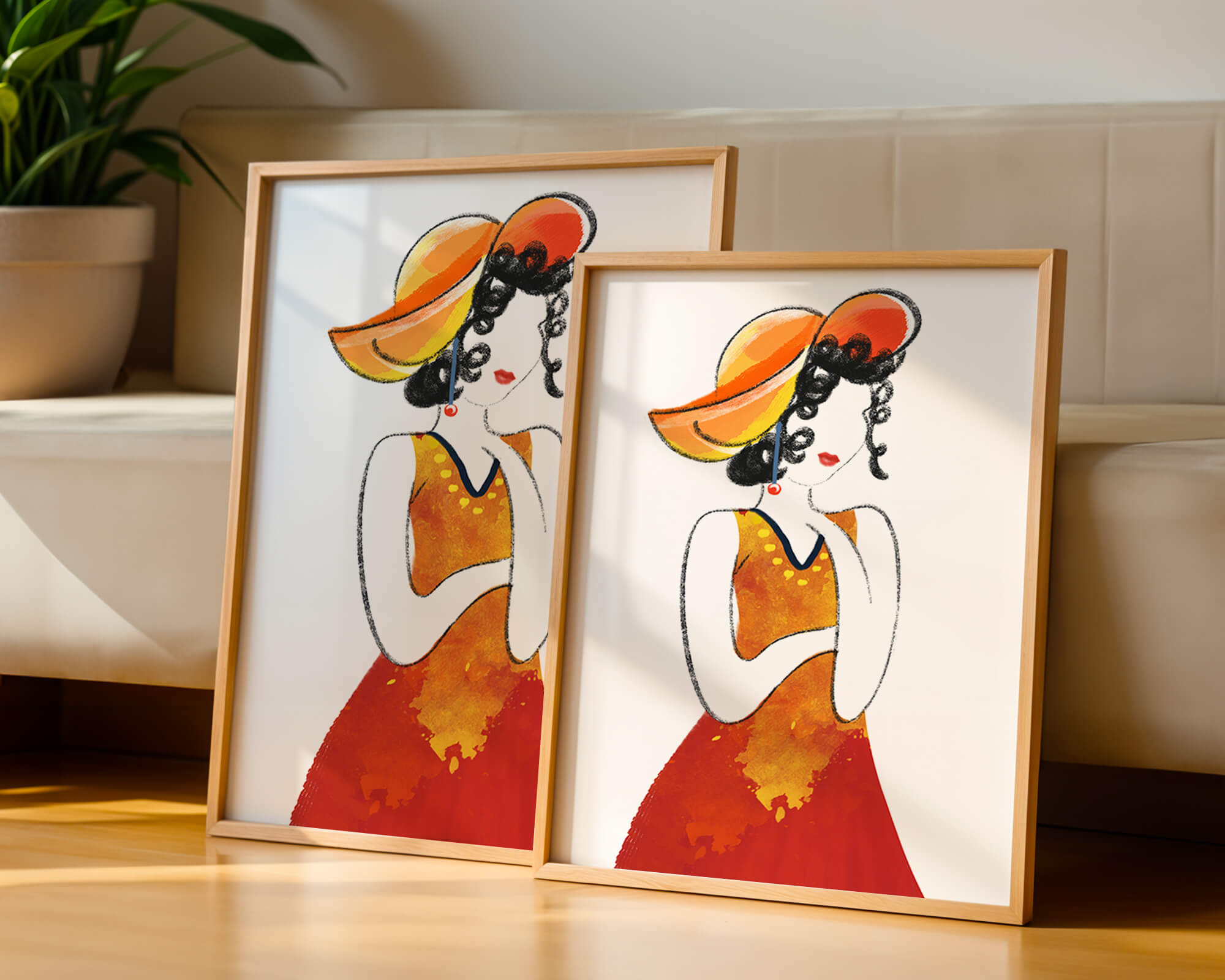 Elegant woman in a vibrant hat and dress illustration