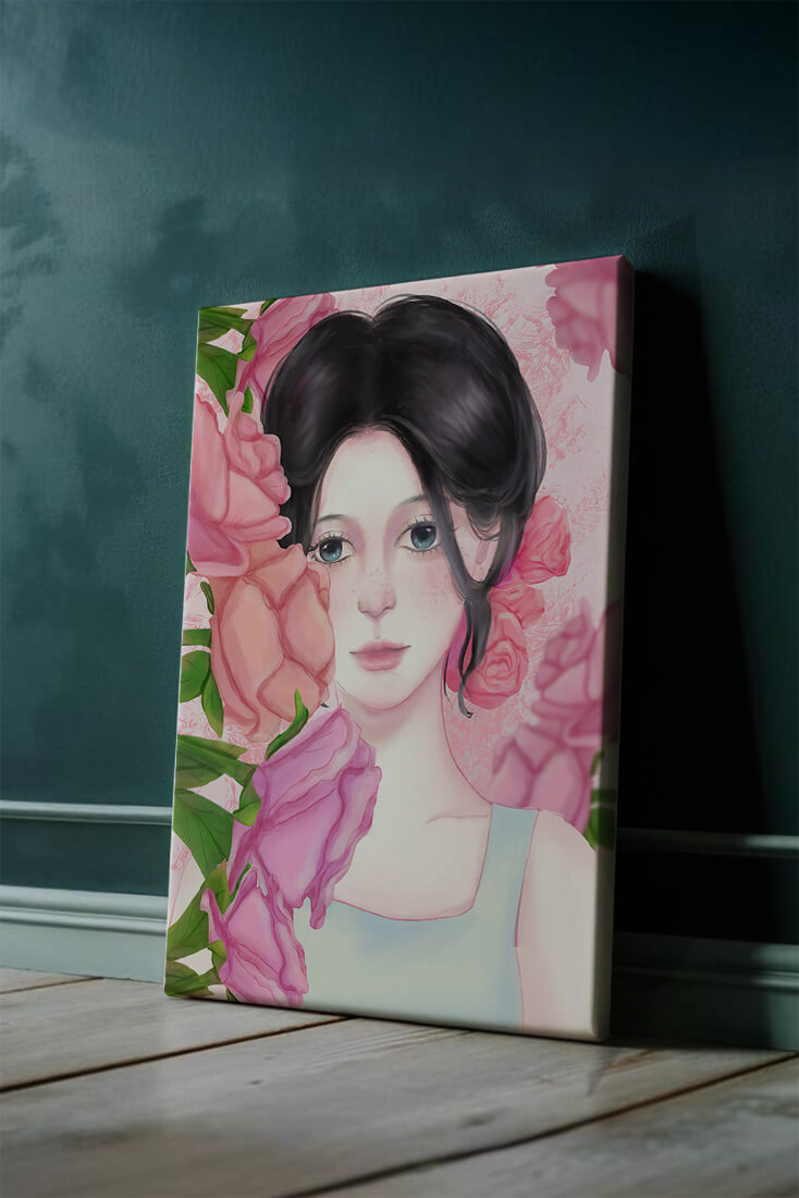 Illustration of a woman surrounded by pink roses