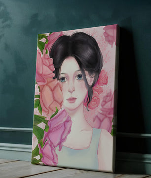 Illustration d'une femme entourée de roses roses