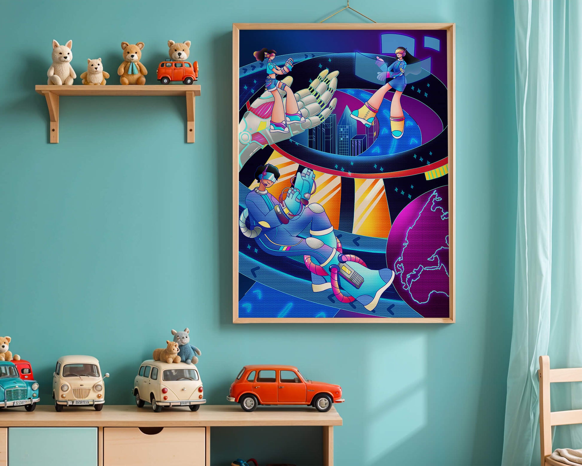 Realidad virtual futurista con obra de arte neón vibrante