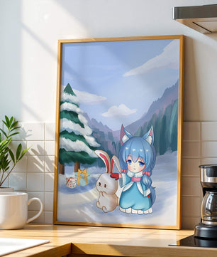 Winter scene with cute chibi character and bunny in snowy landscape