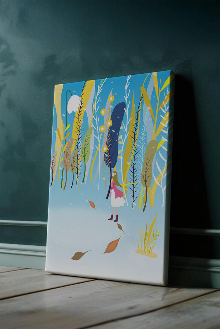 Whimsical scene with girl in colorful abstract forest