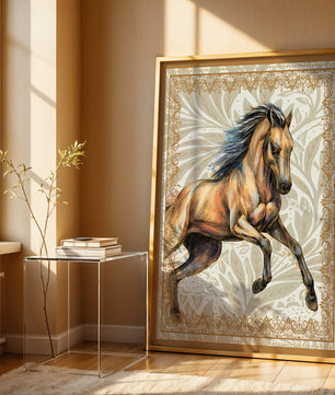 Elegant horse illustration with ornate golden frame