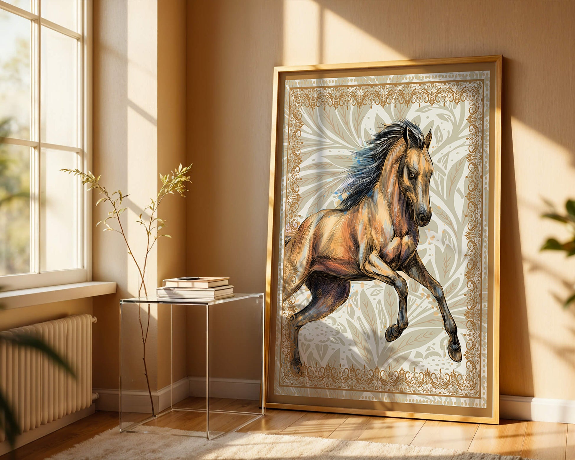 Elegant horse illustration with ornate golden frame