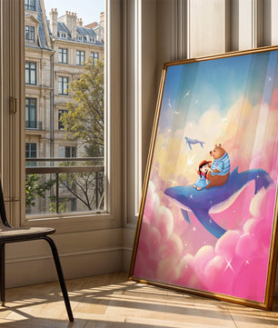 Fantasy illustration of girl and bear riding a whale through colorful clouds