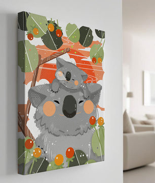 Koalas dans un cadre naturel vibrant aux tons orange et verts