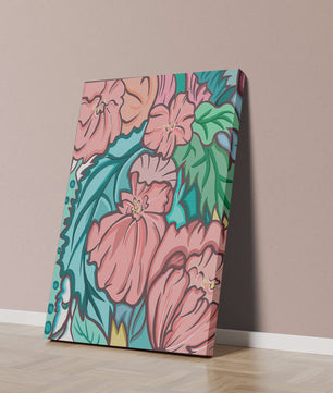Elegant floral pattern illustration with pink blossoms and green leaves