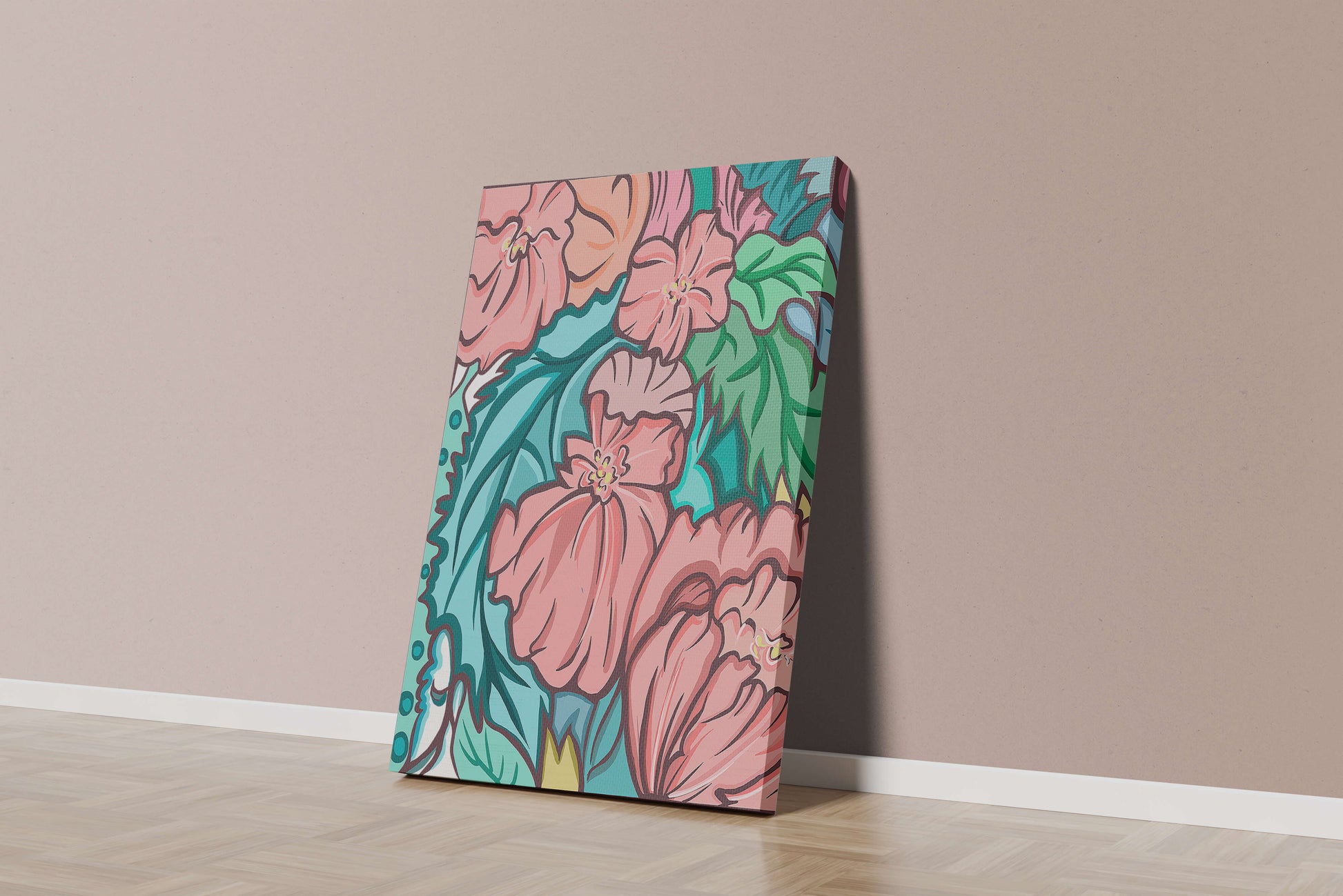 Elegant floral pattern illustration with pink blossoms and green leaves