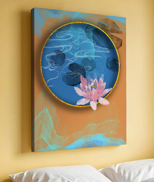 Abstrakte Seerosenkunst mit goldenen Akzenten auf blauem und orangefarbenem Hintergrund