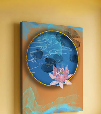 Abstract water lily art with gold accents on blue and orange background