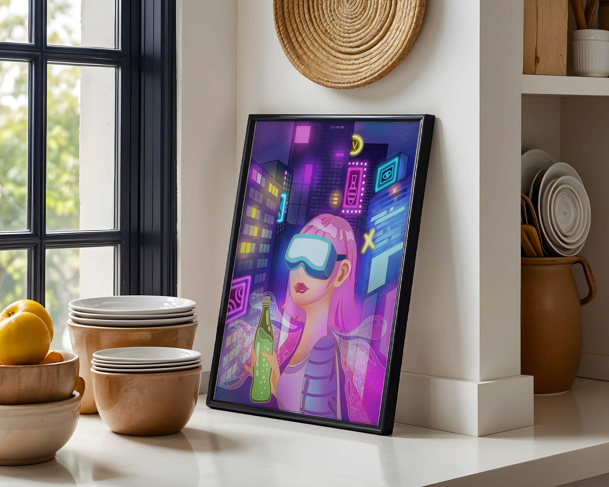 Futuristic urban scene with neon lights and virtual reality elements
