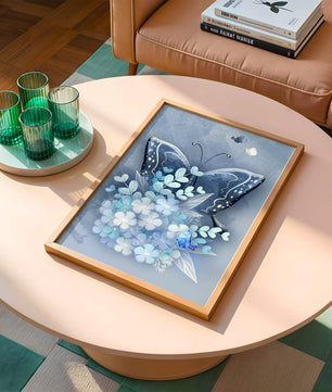 Elegant butterfly with blue floral arrangement artwork