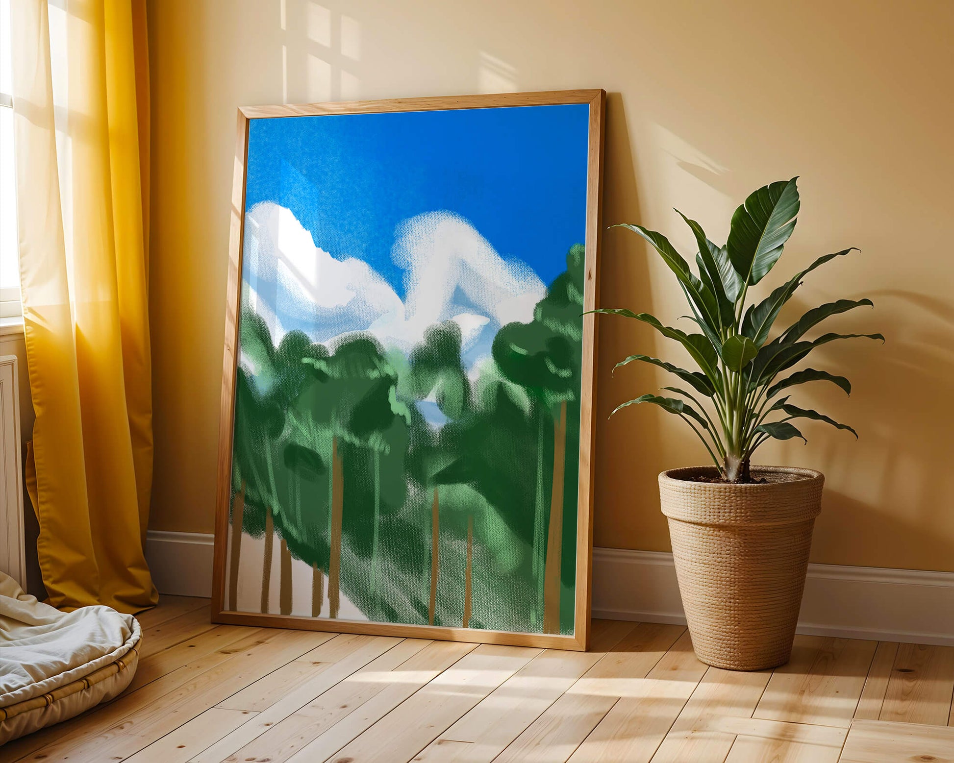 Malerische Waldlandschaft mit blauem Himmel und flauschigen Wolken