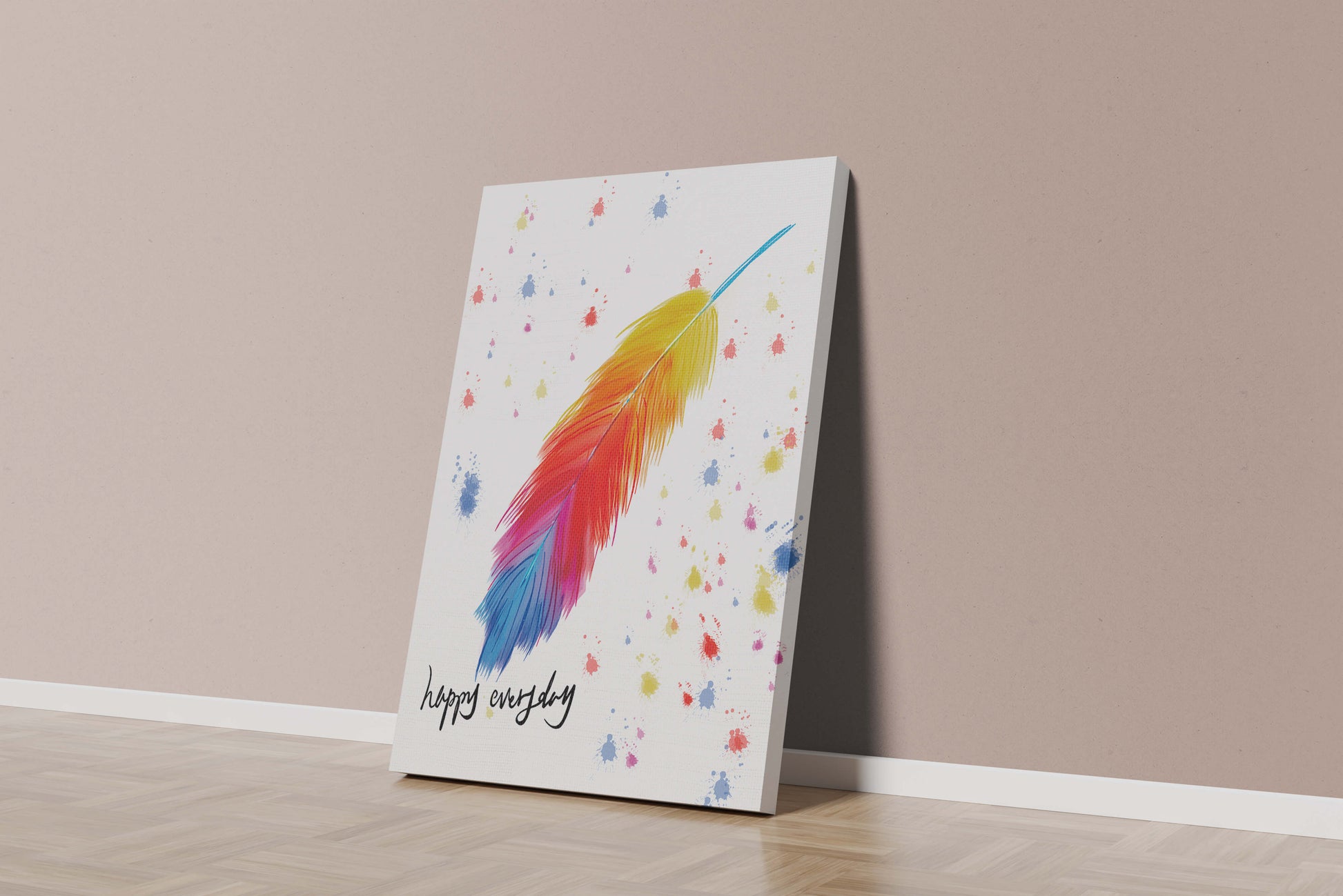 Colorful feather with inspirational message on abstract paint splatter background