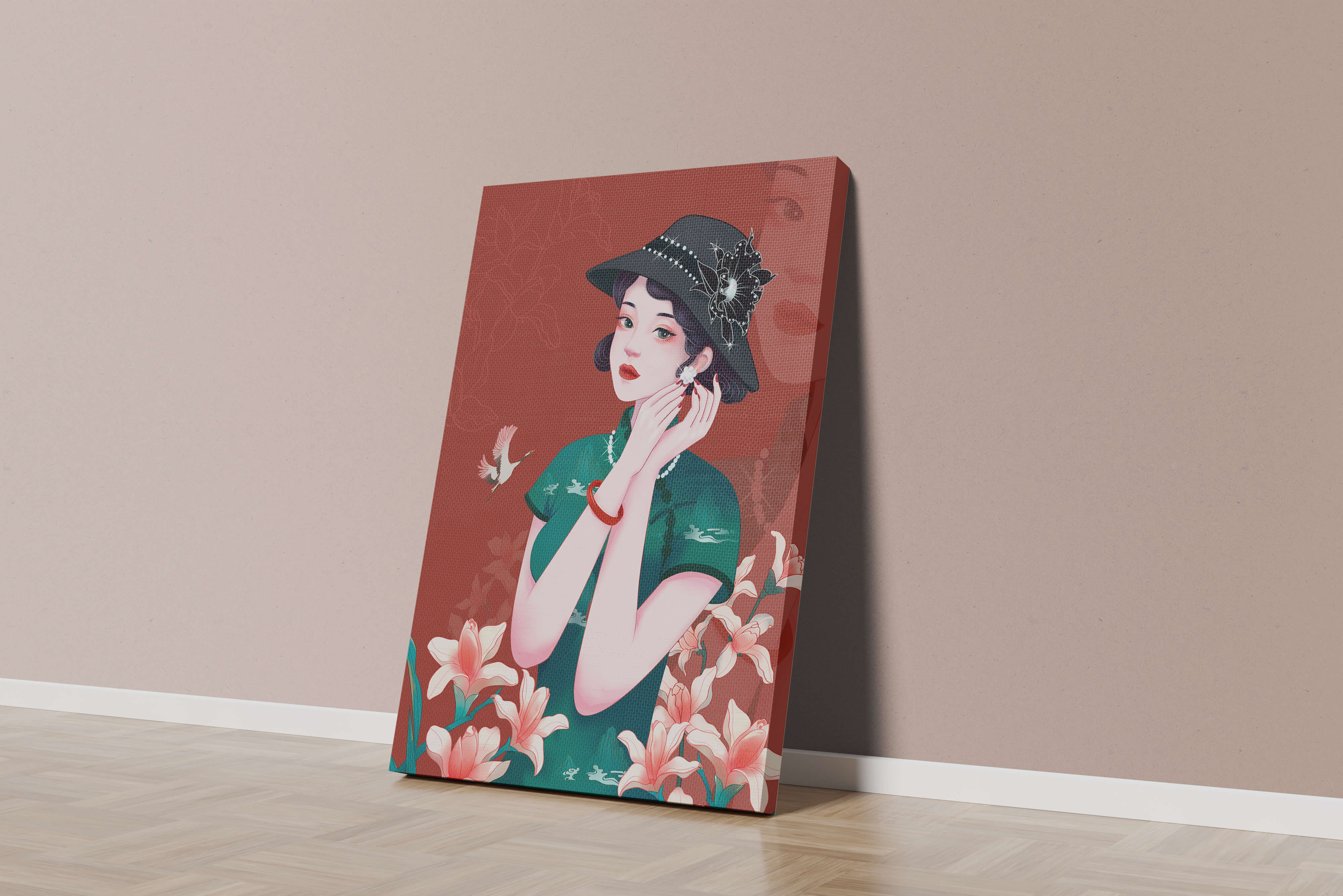 Elegant woman in vintage attire with floral hat and lilies