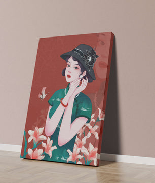 Elegant woman in vintage attire with floral hat and lilies