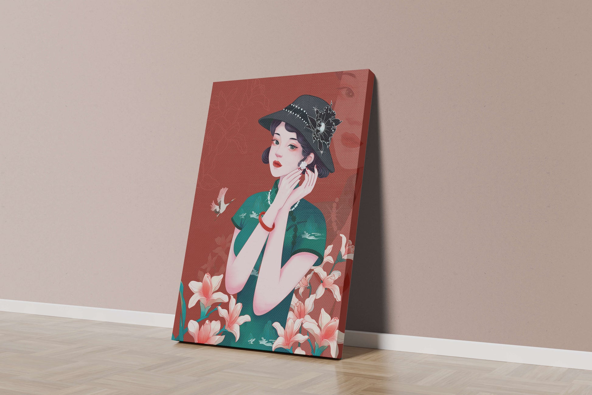 Elegant woman in vintage attire with floral hat and lilies