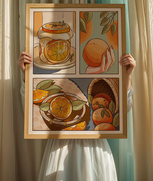 Ilustración colorida de naranjas y conservas con canasta