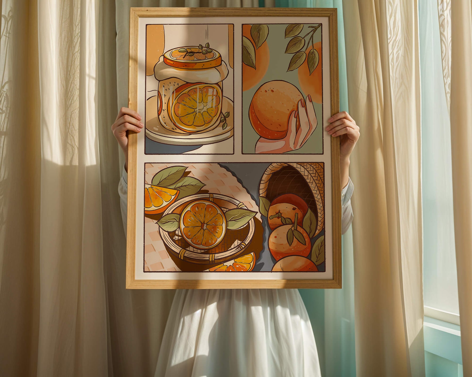 Ilustración colorida de naranjas y conservas con canasta