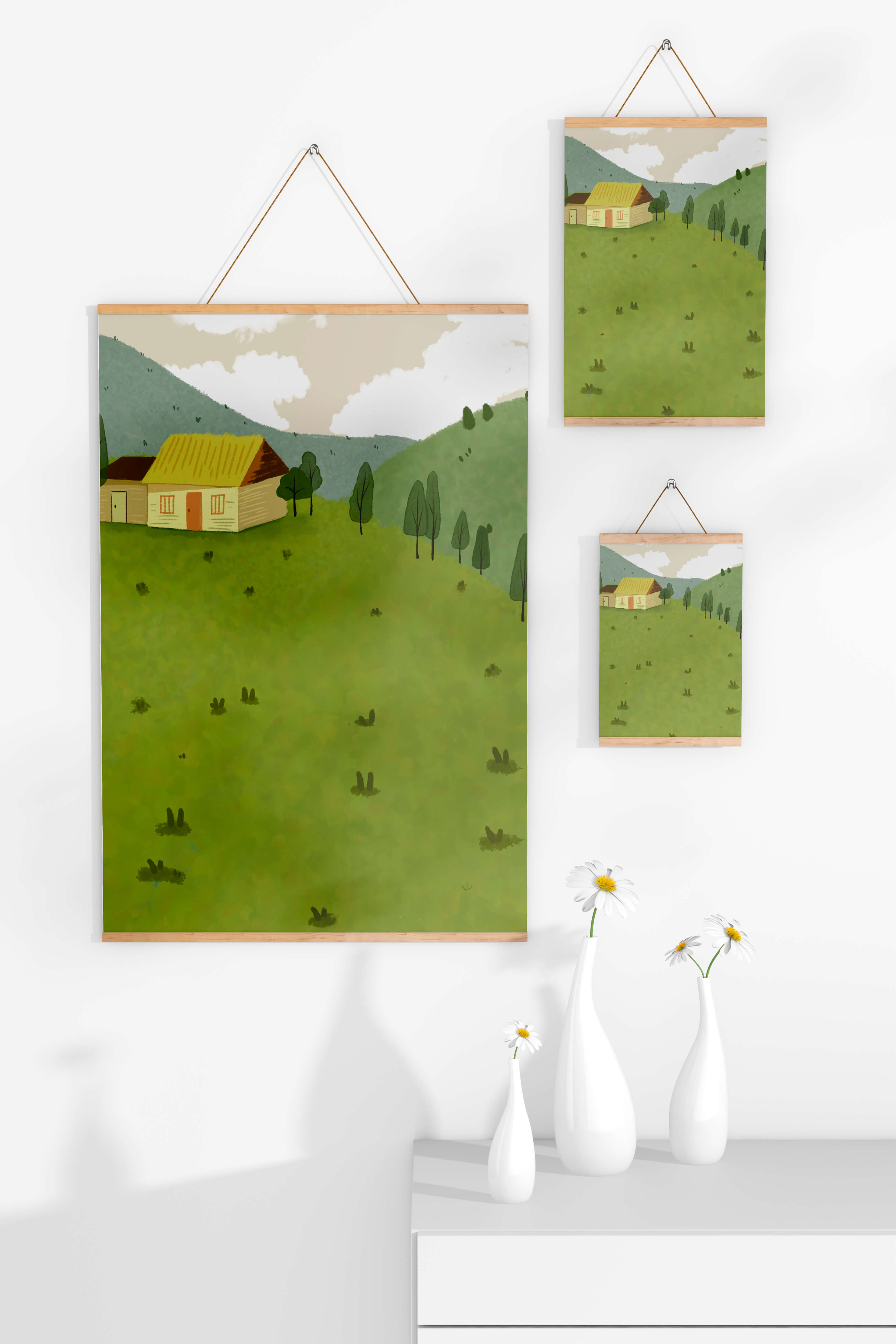 Charming countryside landscape with house and green hills