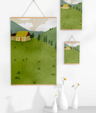 Charming countryside landscape with house and green hills