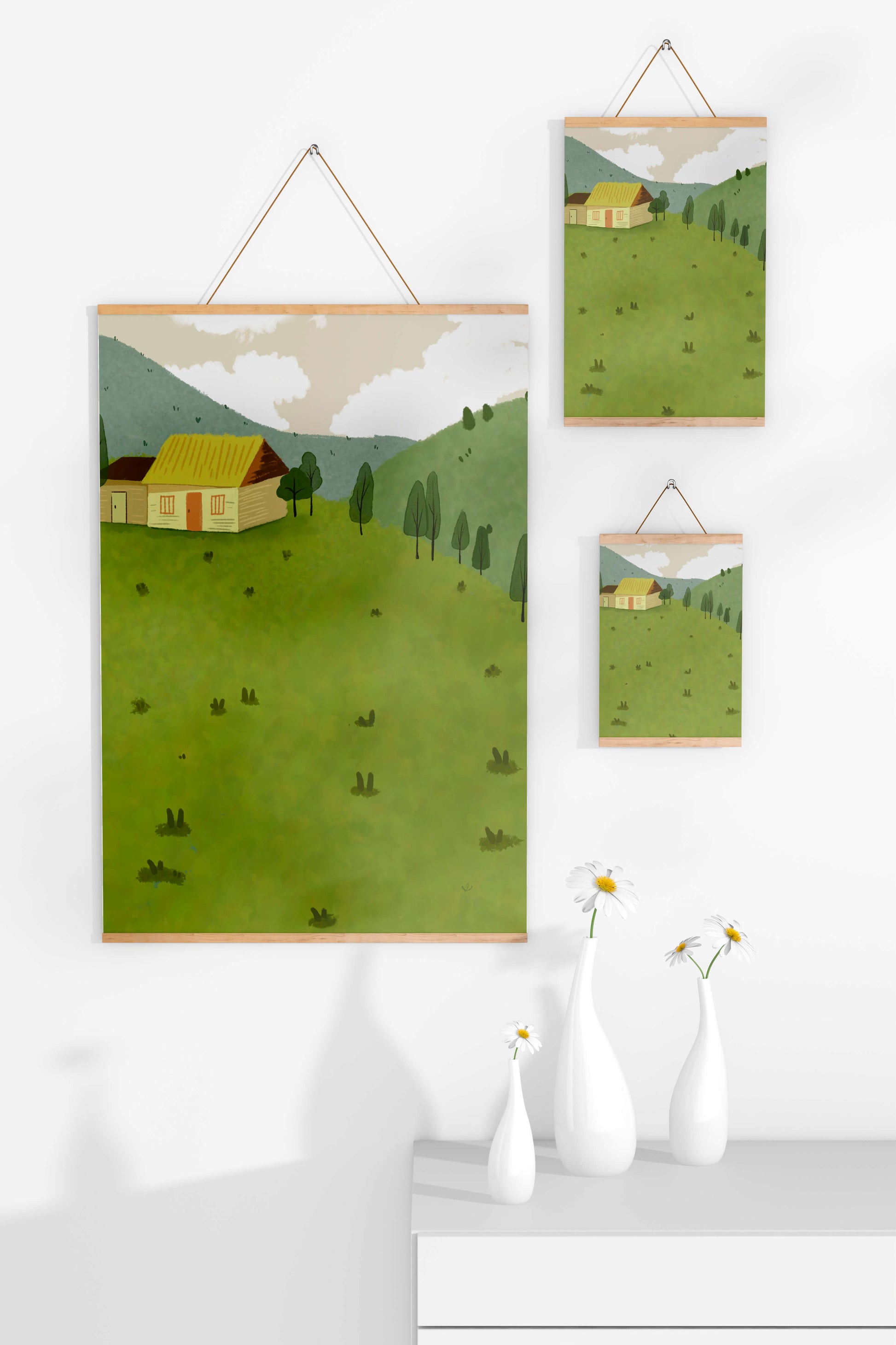 Charming countryside landscape with house and green hills