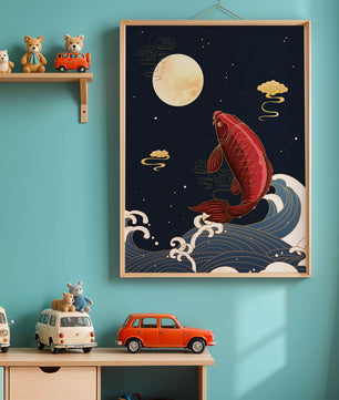 Traditional Japanese koi fish art with moonlit waves and clouds