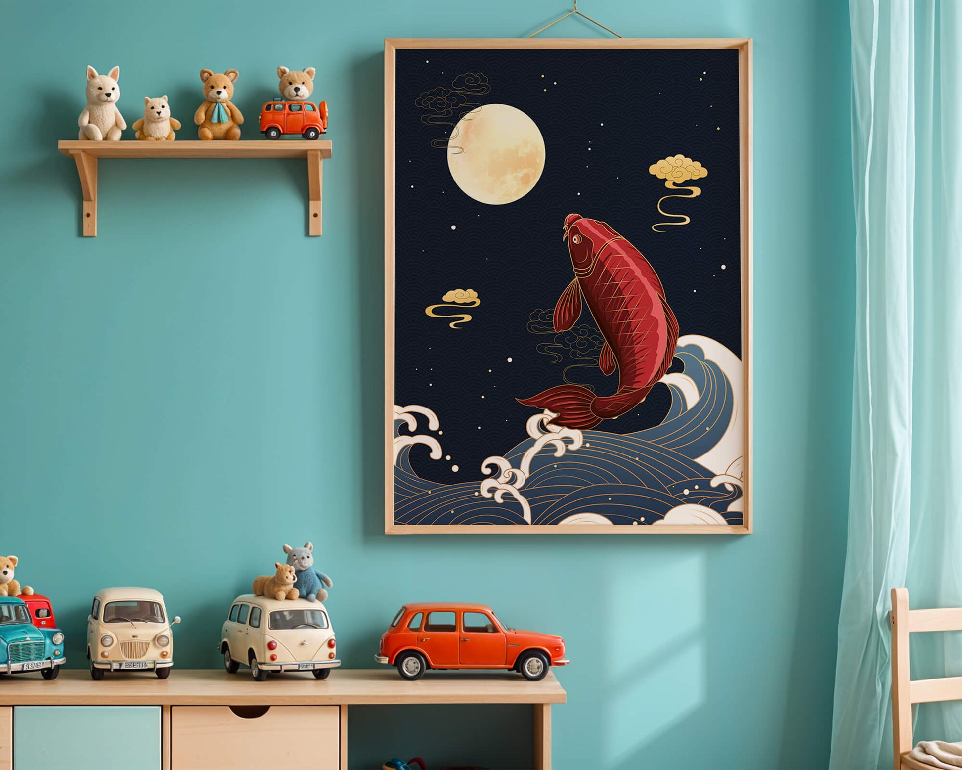 Traditional Japanese koi fish art with moonlit waves and clouds