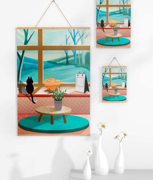 Cozy interior with a cat by the window and potted plants