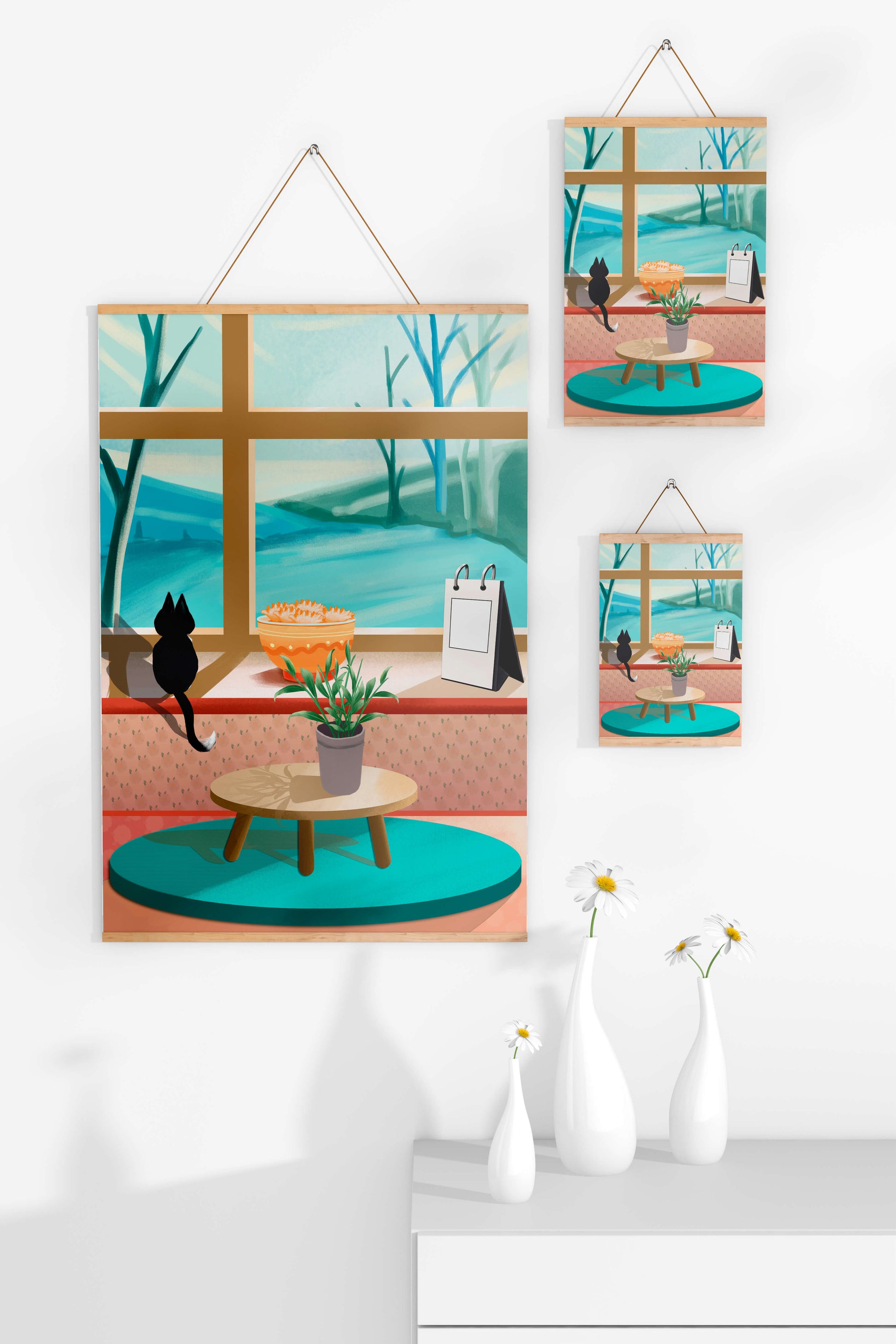 Cozy interior with a cat by the window and potted plants
